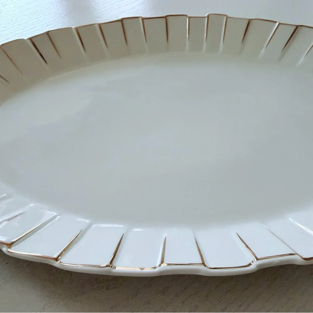 Oval Scalloped Ceramic Platter with Gold Tone Trim Accent